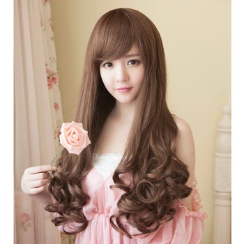 Оптовая продажа Япония Корея Азия Льняно-каштановые Длинные вьющиеся волосы с диагональной челкой, Женский высококачественный парик из химического волокна, полностью закрывающий голову