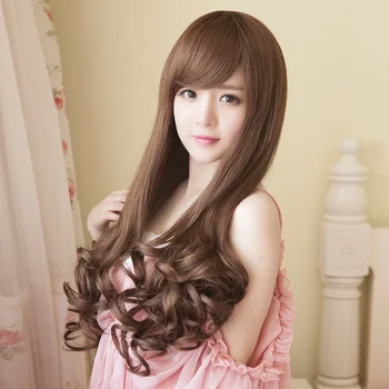 Оптовая продажа Япония Корея Азия Льняно-каштановые Длинные вьющиеся волосы с диагональной челкой, Женский высококачественный парик из химического волокна, полностью закрывающий голову Изображение 2