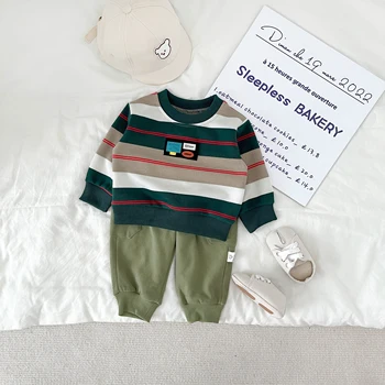 Осенне-весенний хлопковый комплект с длинными рукавами для новорожденных мальчиков, милая детская модная повседневная детская одежда Изображение 2