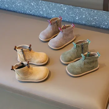 Осенне-зимние детские универсальные хлопчатобумажные ботинки в стиле ретро для девочек, хлопчатобумажные ботинки в английском стиле для мальчиков, однотонные плюшевые хлопчатобумажные ботинки