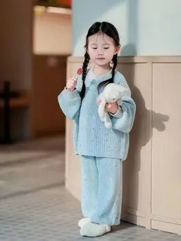 Осенне-Зимний Новый Вязаный Комплект для Корейских девочек, Детский Небесно-Голубой Свитер С яркими Акцентами, Универсальные Широкие брюки