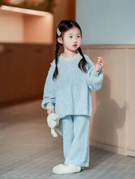 Осенне-Зимний Новый Вязаный Комплект для Корейских девочек, Детский Небесно-Голубой Свитер С яркими Акцентами, Универсальные Широкие брюки Изображение 2