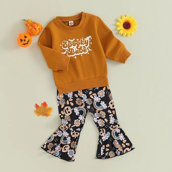 Осенние наряды для маленьких девочек, толстовки с буквенным принтом, штаны-клеш с цветочным принтом в виде тыквы и радуги, комплект одежды на Хэллоуин из 2 предметов