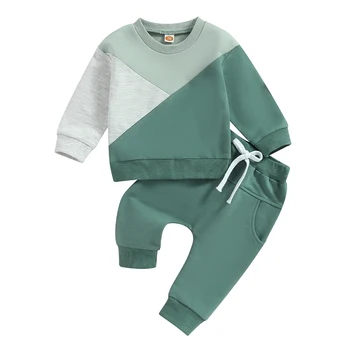 Осенние штаны для новорожденных мальчиков, свитшоты с длинными рукавами в цветном блоке, комплект брюк для маленьких мальчиков, комплект одежды из 2 предметов
