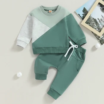 Осенние штаны для новорожденных мальчиков, свитшоты с длинными рукавами в цветном блоке, комплект брюк для маленьких мальчиков, комплект одежды из 2 предметов Изображение 2