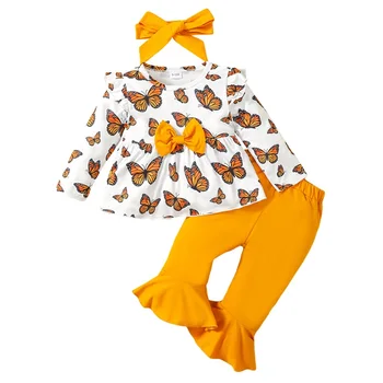 Осенний наряд для маленьких девочек, футболка с длинным рукавом и бантом с бабочкой, расклешенные брюки и повязка на голову, комплект одежды