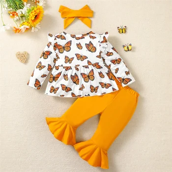 Осенний наряд для маленьких девочек, футболка с длинным рукавом и бантом с бабочкой, расклешенные брюки и повязка на голову, комплект одежды Изображение 2