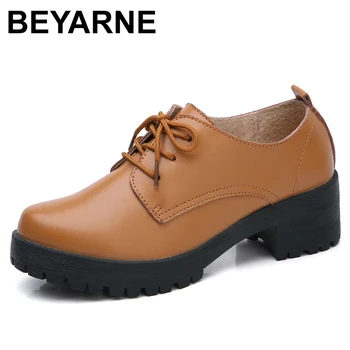 Осенняя женская обувь BEYARNEspring из натуральной кожи, повседневная обувь на полуприлегающем каблуке, женская обувь на платформе с круглым носком, L010