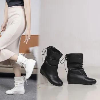 Осень/Зима 2023, новые модные ботинки с круглым носком на шнуровке и коротким рукавом, женские ботинки с увеличенным внутренним размером