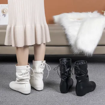 Осень/Зима 2023, новые модные ботинки с круглым носком на шнуровке и коротким рукавом, женские ботинки с увеличенным внутренним размером Изображение 2