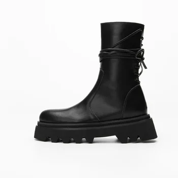 Осень-зима, новые черные женские ботинки на платформе, модные ботильоны со шнуровкой в британском стиле, женская дизайнерская обувь