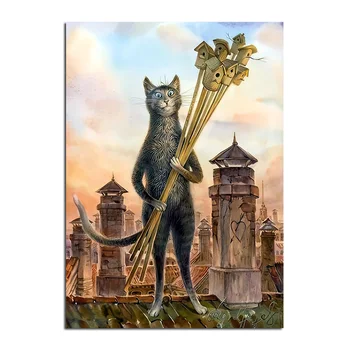 Отпечатки на холсте кошка, стоящая на крыше Картина Абстрактное животное Настенное искусство Плакат Картина для гостиной Домашний декор Куадрос