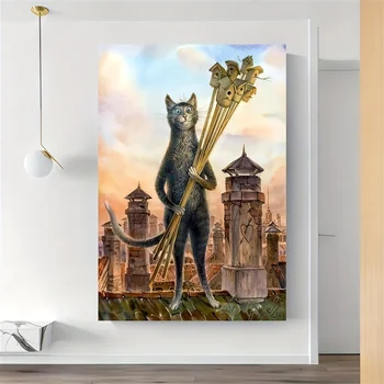 Отпечатки на холсте кошка, стоящая на крыше Картина Абстрактное животное Настенное искусство Плакат Картина для гостиной Домашний декор Куадрос Изображение 2
