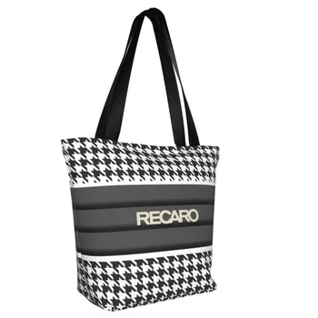 Переработанная Черно-белая хозяйственная сумка Houndstooth Recaros, женская Холщовая сумка-тоут, прочные Продуктовые сумки для покупателей. Изображение 2