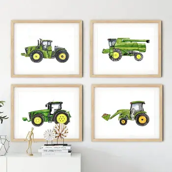 Плакат с зеленым трактором, Акварель, принты с изображением сельскохозяйственных машин, настенное искусство, холст, живопись, Декор для детской комнаты, Скандинавские настенные панно