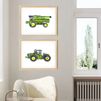 Плакат с зеленым трактором, Акварель, принты с изображением сельскохозяйственных машин, настенное искусство, холст, живопись, Декор для детской комнаты, Скандинавские настенные панно Изображение 2