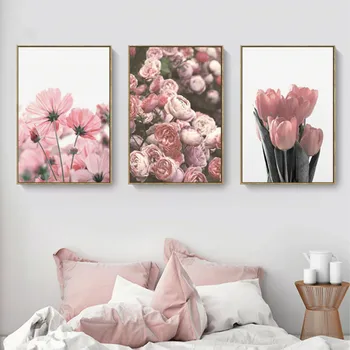 Плакаты и принты на скандинавскую тему, Розовый тюльпан, цветок розы, картина на холсте, настенное искусство, домашние декоративные картины для гостиной