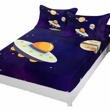 Планета Нло Звездное небо, простыня, эластичная лента, противоскользящий протектор матраса для односпальной кровати, двуспальная кровать King Изображение 2