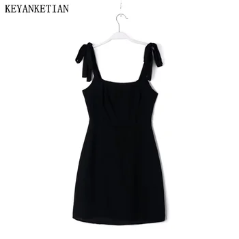 Платье-комбинация KEYANKETIAN на шнуровке с высокой талией, Новое черное женское платье-футляр с вырезом лодочкой во французском стиле, шифоновое платье без рукавов