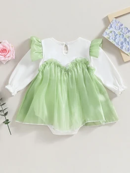 Платье-комбинезон из тюля с цветочным принтом и длинными рукавами для маленькой девочки - очаровательный наряд для новорожденных на осень и зиму Изображение 2