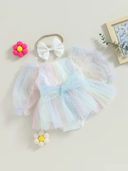 Платье-комбинезон с длинными рукавами и цветочным принтом для девочки и повязкой на голову с бантом - очаровательный комплект одежды из 2 предметов для новорожденных