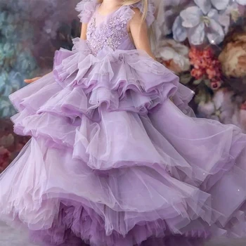 Платье с цветочным узором для девочек, банты на шее, без рукавов, детское бальное платье для первого причастия, вечерние элегантные платья принцессы для детских вечеринок