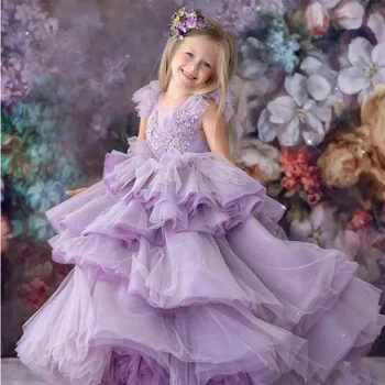 Платье с цветочным узором для девочек, банты на шее, без рукавов, детское бальное платье для первого причастия, вечерние элегантные платья принцессы для детских вечеринок Изображение 2