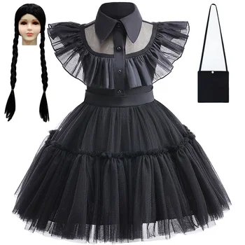 Платья для косплея Wednesday Addams, праздничное платье с готическим ветром, маскарадный костюм из детского фильма, карнавальное платье на Хэллоуин для маленьких девочек 1-6 лет Изображение 2