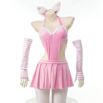 Плюшевая униформа аниме для девочек-кошек, костюм для косплея, сексуальное боди, комплект мини-юбки, наряды для девочек-зайчиков, ролевые игры, вечеринка, нижнее белье на Хэллоуин