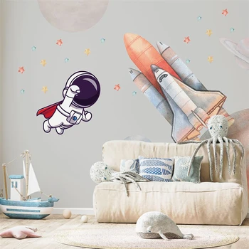 Пользовательские скандинавские мультяшные обои с космическим кораблем и астронавтом для детской комнаты фон настенная роспись обои домашний декор украшения для дома Изображение 2