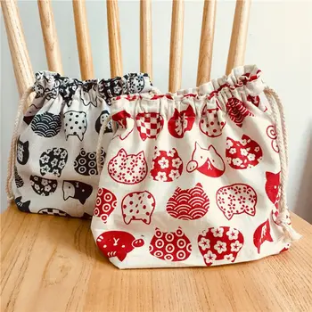 Портативные сумки-кулеры большой емкости Bear в японском стиле Lucky Cat Lunch Box, сумки для ланча на шнурке, сумки для хранения посуды Изображение 2