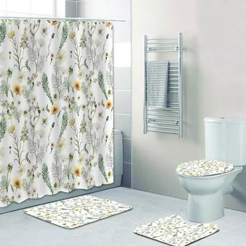 Потертая желтая занавеска для душа с рисунком полевых цветов для ванной комнаты, Винтажный Садовый Ботанический цветочный коврик для декора туалета, подарок