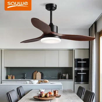 Потолочный вентилятор со светодиодной подсветкой в минималистичном стиле с деревянными лопастями и 6-ступенчатым пультом дистанционного управления для гостиной и спальни