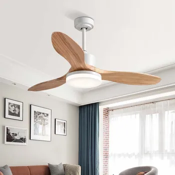 Потолочный вентилятор со светодиодной подсветкой в минималистичном стиле с деревянными лопастями и 6-ступенчатым пультом дистанционного управления для гостиной и спальни Изображение 2