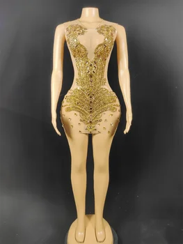 Потрясающее прозрачное сексуальное женское платье из золотистой эластичной сетки без рукавов, наряд королевы на день рождения, одежда для выступления певицы на сцене Изображение 2