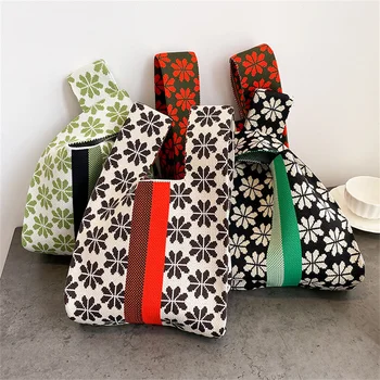 Ретро-сумки ручной вязки многоразового использования для покупок, женская сумка на запястье с мини-узлом, японская повседневная сумка в цветочную клетку, вязаная сумка-тоут