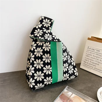 Ретро-сумки ручной вязки многоразового использования для покупок, женская сумка на запястье с мини-узлом, японская повседневная сумка в цветочную клетку, вязаная сумка-тоут Изображение 2