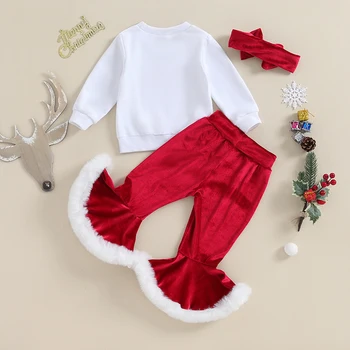 Рождественские наряды для маленьких девочек, толстовка с длинными рукавами, штаны, повязка на голову, осенне-зимняя одежда