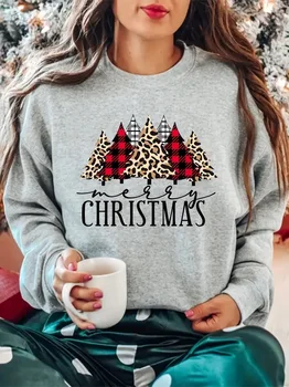 Рождественский пуловер с буквенным принтом и елкой, милая толстовка с круглым вырезом и длинными рукавами, женская одежда