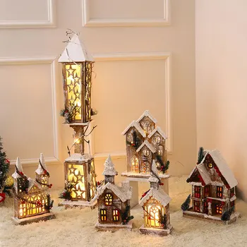 Рождественский Светодиодный Деревянный дом со снегом, светящийся домик, Рождественская елка, Подвесной орнамент, Светящийся замок, Детский подарок на Новый 2023 год Изображение 2