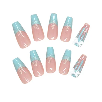 Розово-голубые Накладные ногти с блестящим Декором Легкие и легко наклеиваемые Накладные ногти для Горячей Девушки в тон Платью