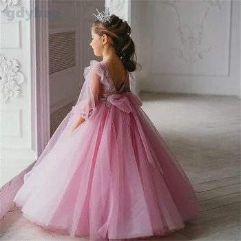 Розовое свадебное платье с цветочным узором для девочек, фатиновая пышная аппликация, Длинный рукав, длина до пола, детское бальное платье для вечеринки по случаю Дня рождения, Первого причастия