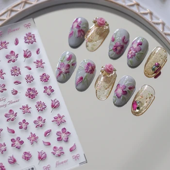 Розовые цветы 5D Мягкие Рельефы с тиснением, Самоклеящиеся наклейки для дизайна ногтей, Букет Нарциссов, Тюльпаны, 3D Наклейки для маникюра Оптом