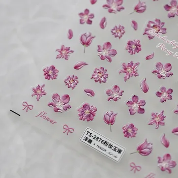Розовые цветы 5D Мягкие Рельефы с тиснением, Самоклеящиеся наклейки для дизайна ногтей, Букет Нарциссов, Тюльпаны, 3D Наклейки для маникюра Оптом Изображение 2