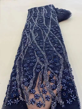 Роскошные Африканские бусины ручной работы, блестки, кружевная ткань 2024, Высококачественная Французская вышивка Жениха, Нигерийские кружевные ткани для шитья Изображение 2