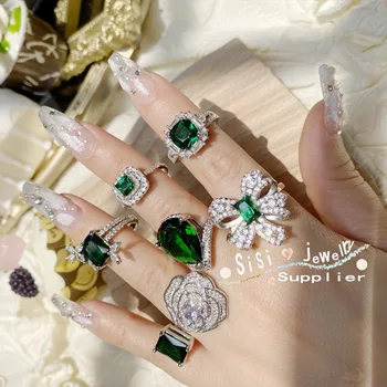 Роскошные обручальные кольца из серебра 925 пробы с зеленым кубическим цирконием для женщин, изысканные кольца на палец, женские аксессуары, модные украшения