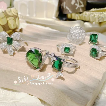 Роскошные обручальные кольца из серебра 925 пробы с зеленым кубическим цирконием для женщин, изысканные кольца на палец, женские аксессуары, модные украшения Изображение 2