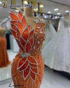 Роскошные оранжевые платья для выпускного вечера с кристаллами Русалки, платья знаменитостей с жемчугом, платья для вечеринок Vestidos De Cóctel на заказ Изображение 2