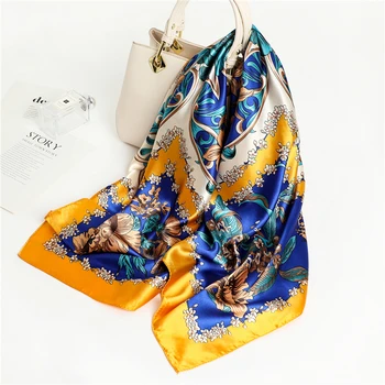Роскошный Квадратный шелковый шарф с цветочным принтом 90 см * 90 см, шаль, хиджаб, мусульманский платок, Бандана под костюм, Весна-лето