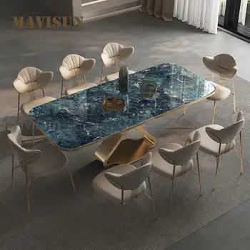 Роскошный обеденный стол с красивым текстурированным глянцевым рабочим столом, высококачественная мебель для кухни, креативный прямоугольный стол и стулья